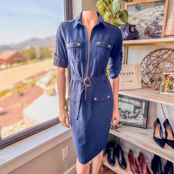 Sharagano Women's Navy Blue w/ Gold Accents Belted Collared Shirt Dress, Size: 4 - Picture 10 of 10